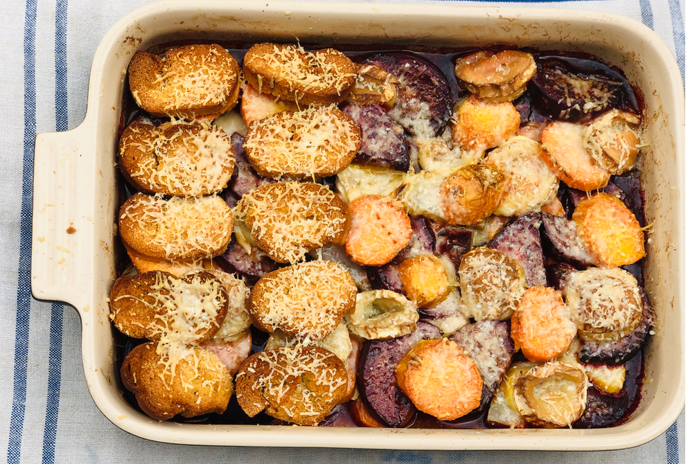 Beetroot, Sweet Potato and Goat’s Cheese Tray Bake